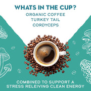 Cup of coffee surrounded by coffee beans with text about organic coffee, turkey tail, and cordyceps.