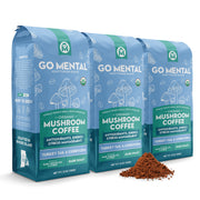 Three packages of 'Go Mental' mushroom coffee on a white background