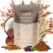 a dash Zen Cacao powder package with cacao powder, cinnamon, and other ingredients on a white background