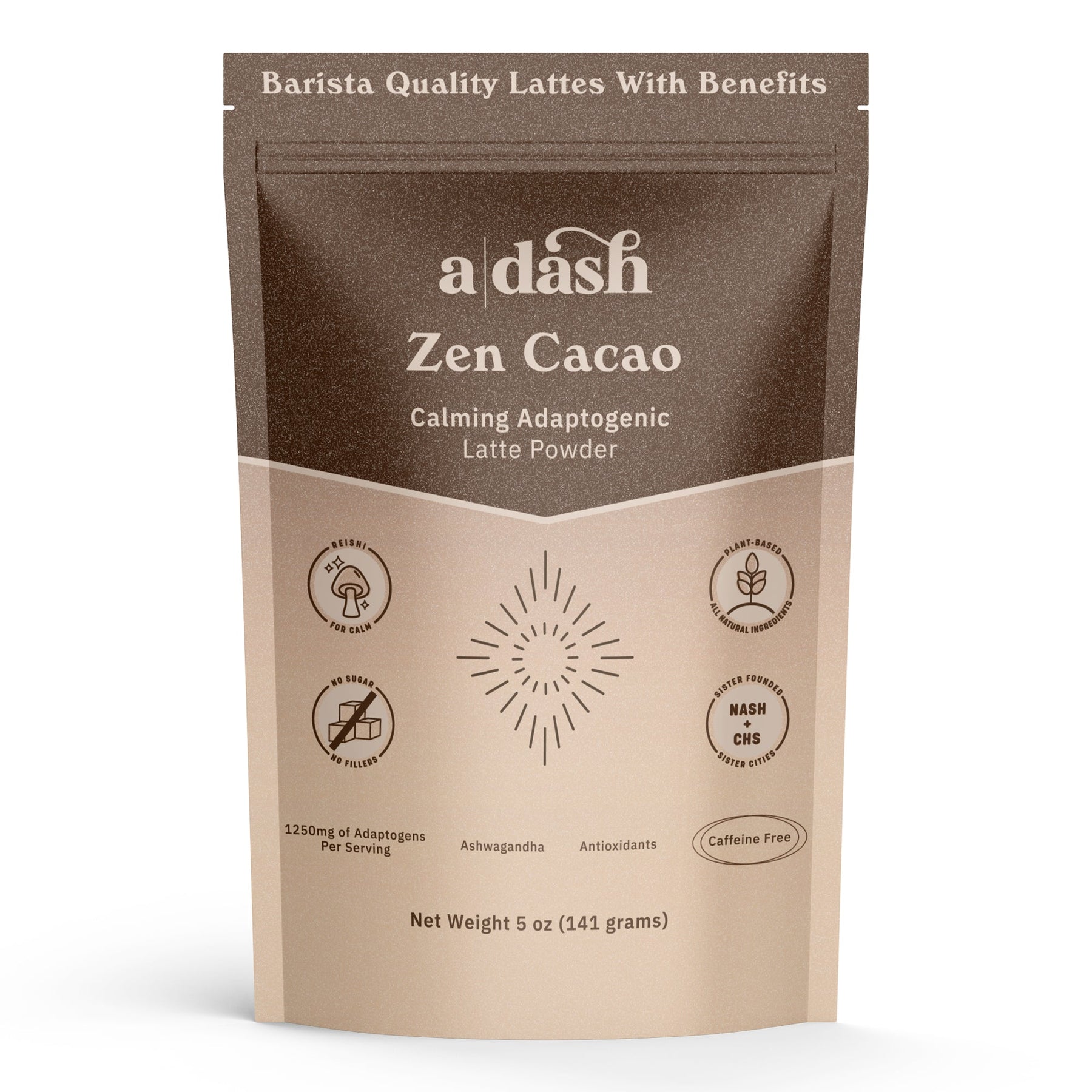 Package of a'dash Zen Cacao latte powder on a white background