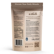Brown package of a dash superfood lattes with text and QR code on a white background