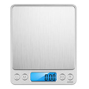 Digital kitchen scale with a metallic finish on a white background