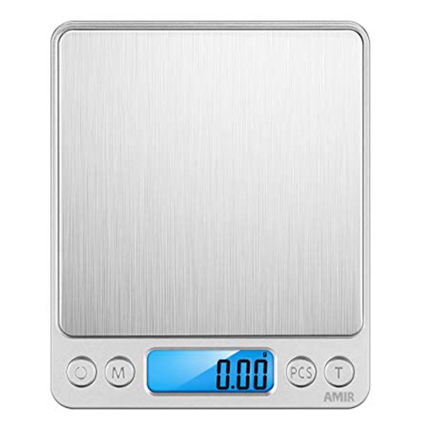 Digital kitchen scale with a metallic finish on a white background