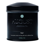 Black tea canister with 'August' branding on a white background