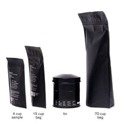 Set of black packaging containers including a 4 cup sample, 15 cup bag, tin, and 70 cup bag on a white background.
