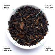 Assorted black tea leaves in a white bowl with labels for Vanilla Bean, Smoked Black Tea, Assam Black Tea, and Ceylon Black Tea.
