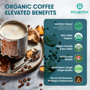 Organic coffee withGO MENTAL branding and product features on a gray background