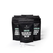 Black coffee bags with text on a white background
