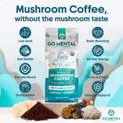GO MENTAL Mushroom Coffee package with health benefits listed on a light blue background