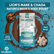 Go Mental Mushroom Coffee package with lion's mane and chaga on a blue background