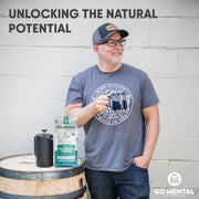 Man holding a coffee mug with 'GO MENTAL' coffee packaging and text 'Unlocking the Natural Potential' on a gray background.