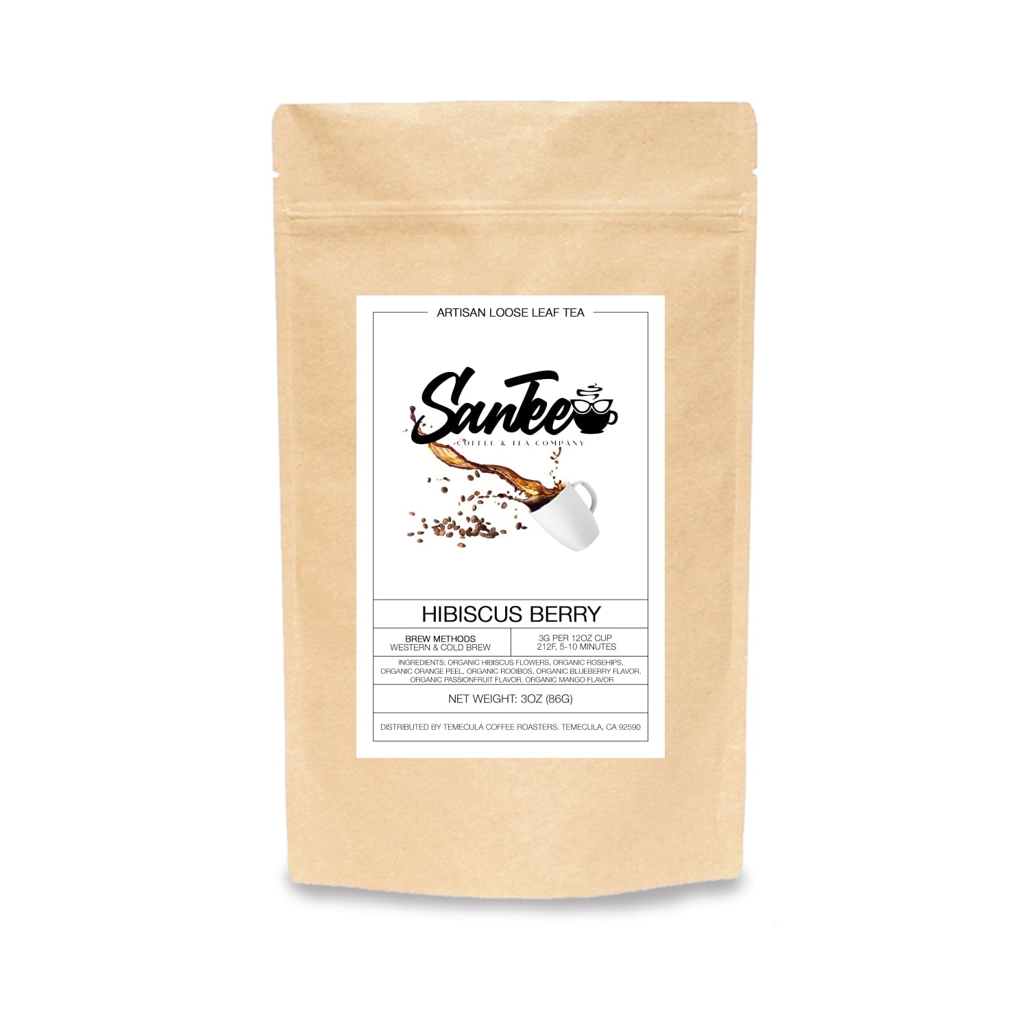 Kraft paper tea bag with 'Sanke' branding and hibiscus berry flavor on a white background