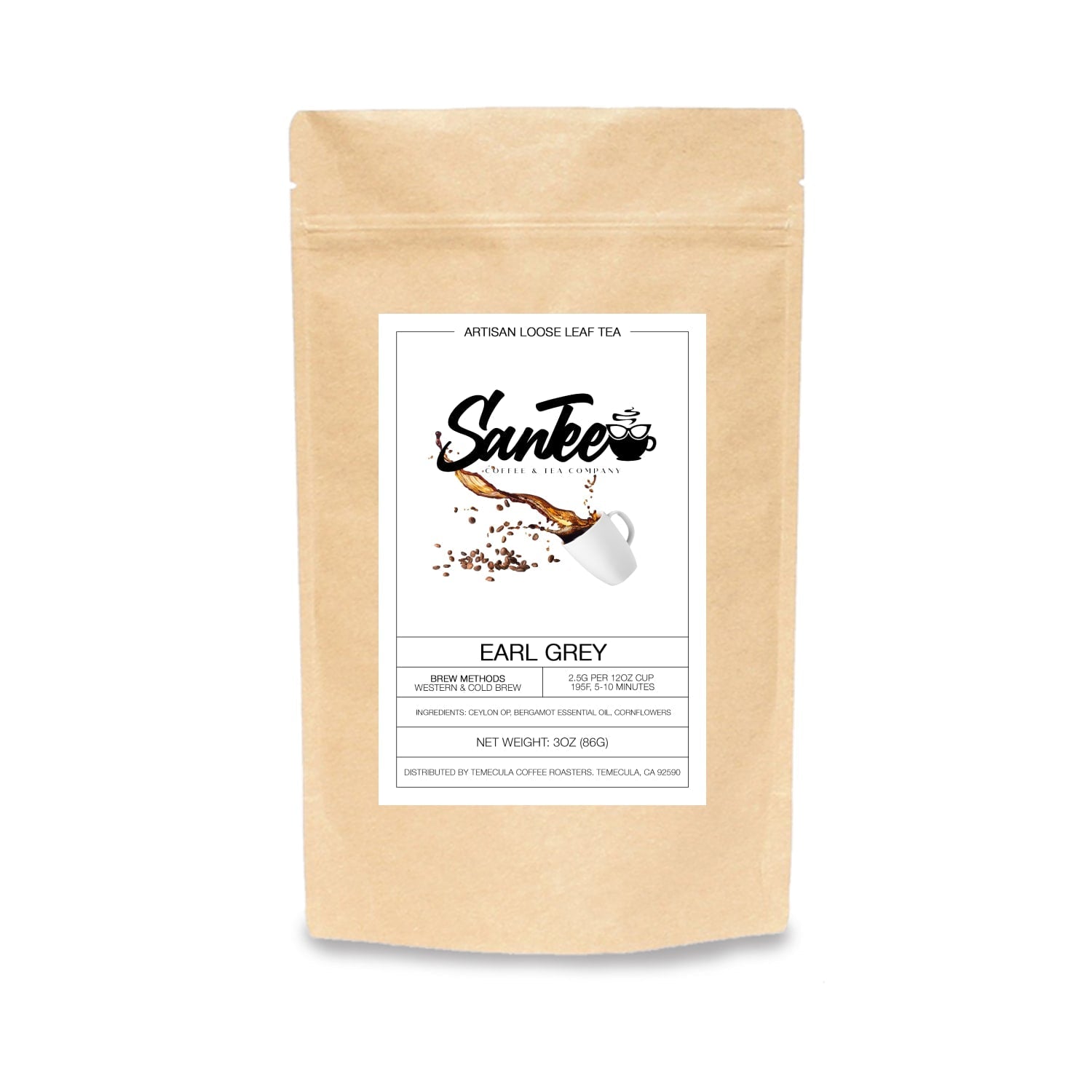 Kraft paper tea bag with 'Santee' branding and 'Earl Grey' flavor on a white background