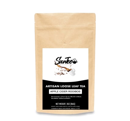 Kraft paper tea bag with 'Santee' branding and product details on a white background