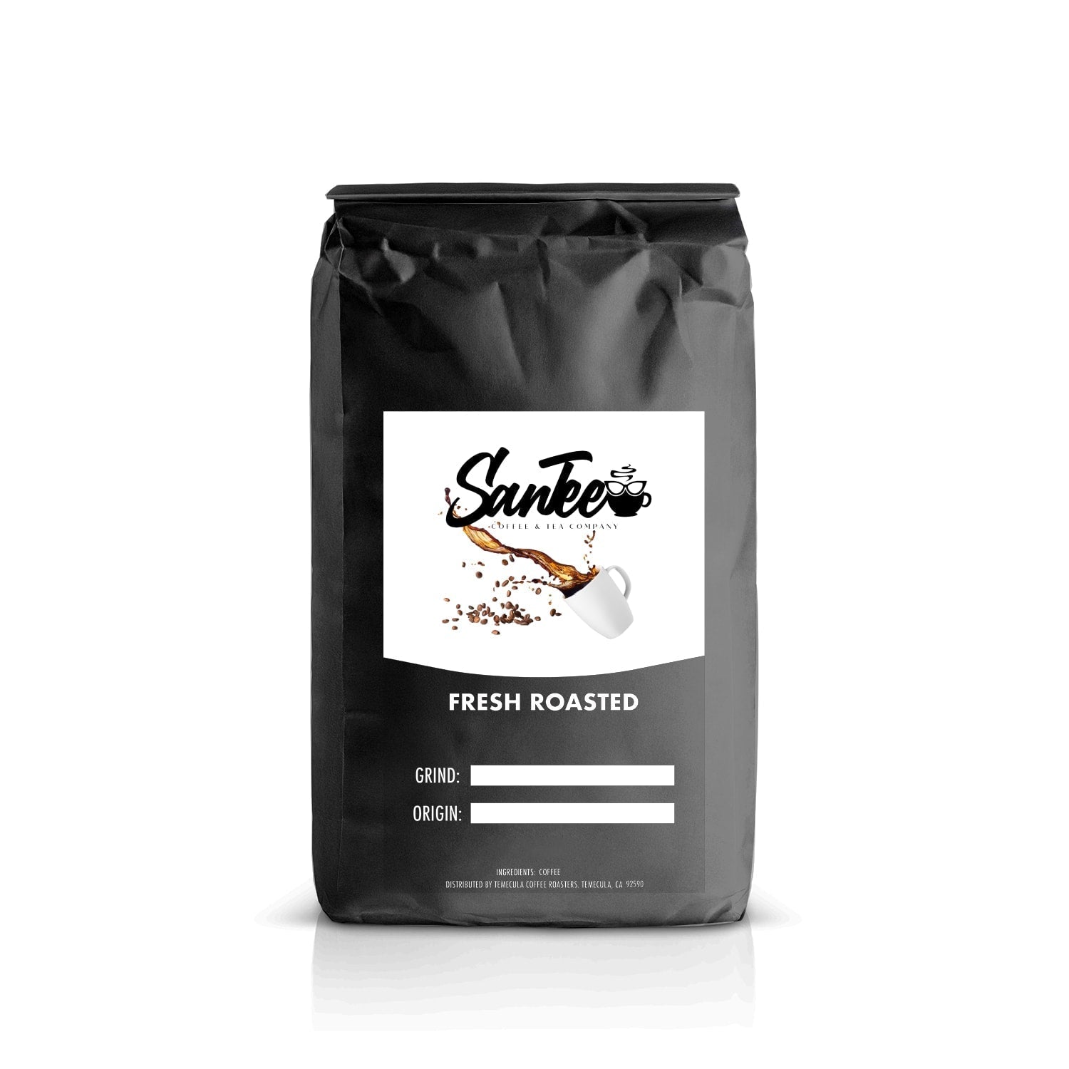 Black coffee bag with a label on a white background