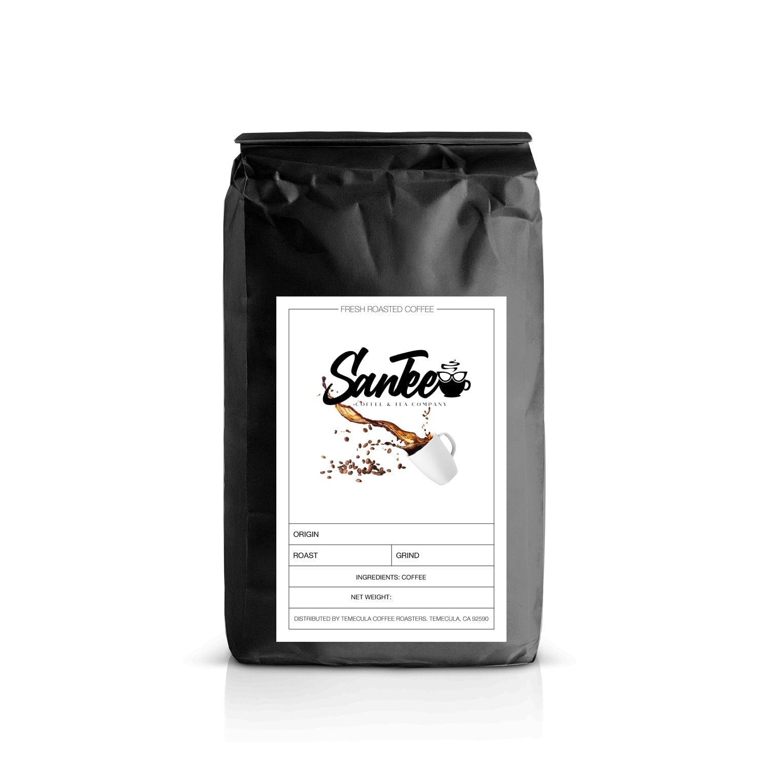 Black coffee bag with 'Sanjee' label on a white background