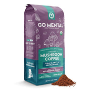 Go Mental Mushroom Coffee package with ground coffee on a white background