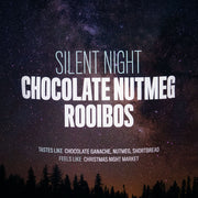 Silent Night Chocolate Nutmeg Rooibos advertisement with a starry night sky and silhouette of trees.